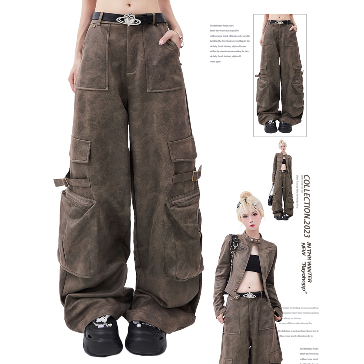 【Rayohopp】Dull dark brown color design cargo pants RH0041