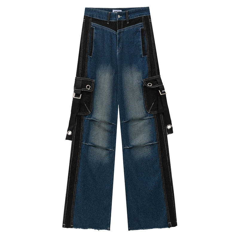 【NIUGULU】Side Black Lane Suspender Two Design Cargo Denim  NG0005
