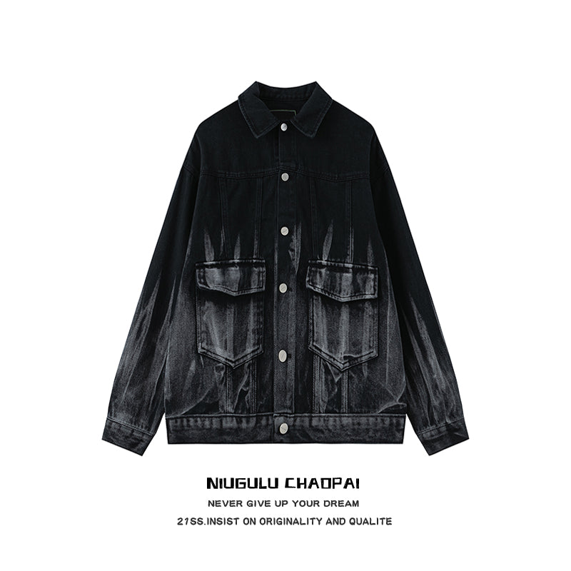 【NIUGULU】Washed half frame type design denim jacket  NG0007