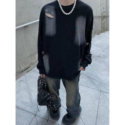 【MAXDSTR】Dirty washed design pinned damage long sleeve T-shirt  MD0086