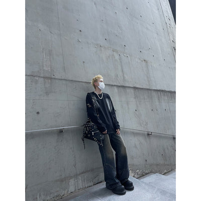 【MAXDSTR】Dirty washed design pinned damage long sleeve T-shirt  MD0086