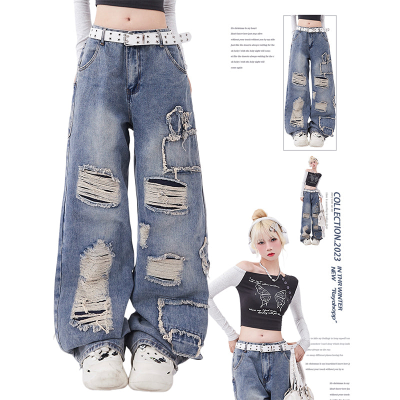 【Rayohopp】Overall crash damage design wide silhouette denim  RH0032