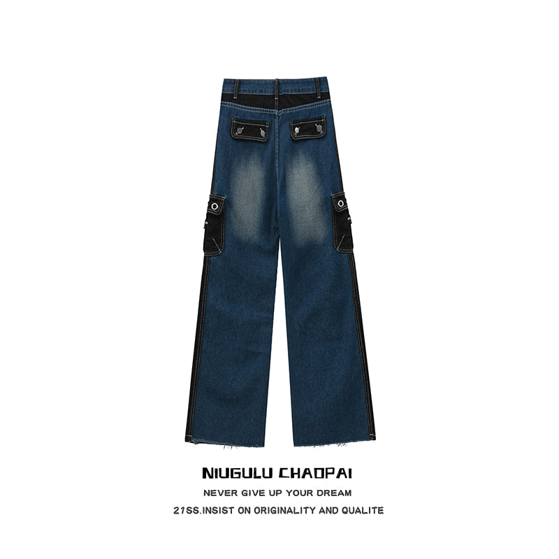 【NIUGULU】Side Black Lane Suspender Two Design Cargo Denim  NG0005