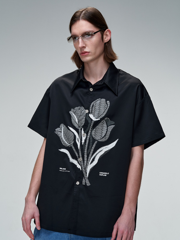 【0-croworld】Tulip graphic loose short sleeve shirt  CR0025