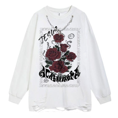 【NIHAOHAO】Rose graphic print damage sweatshirt NH0032