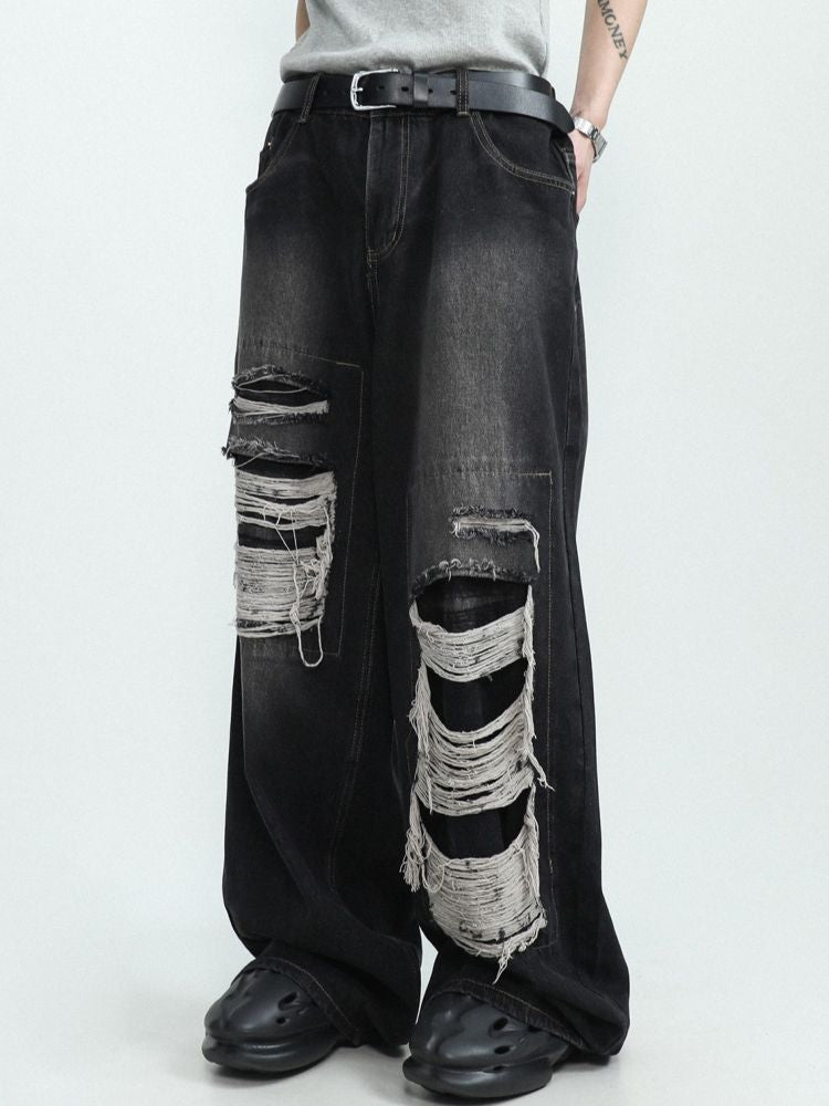 【MR nearly】Ripped design wide leg straight distressed jeans  MR0031