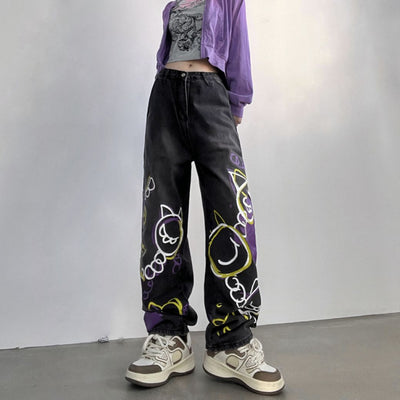 Graffiti print design wide leg jeans HL2849