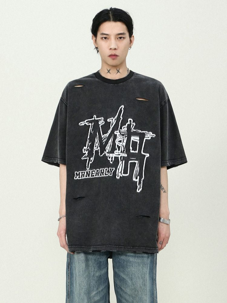 【MR nearly】Vintage perforated logo embroidered T-shirt MR0023