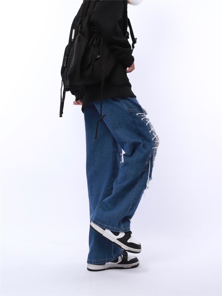 Strap design distressed wide denim pants  HL2848