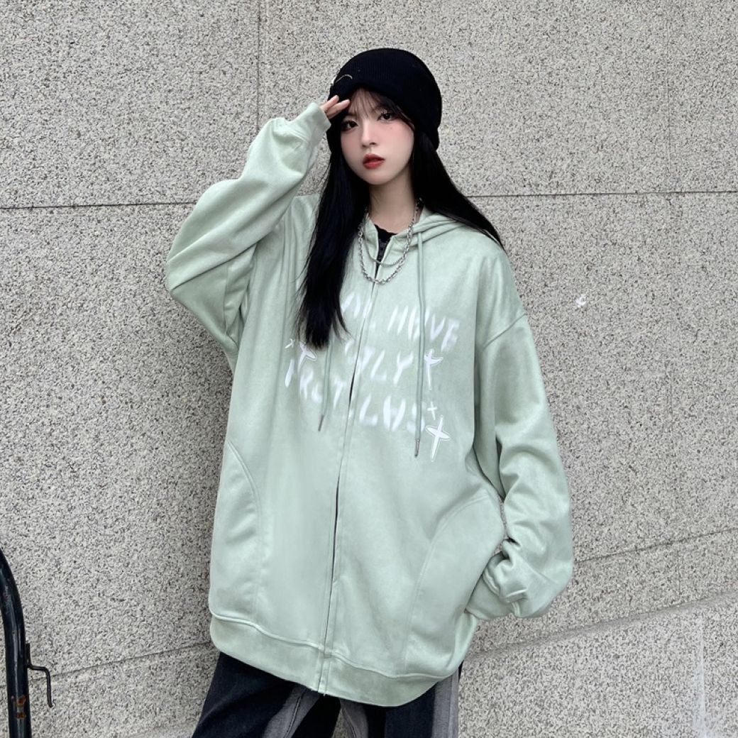 Fuzzy print full zip hoodie HL2845