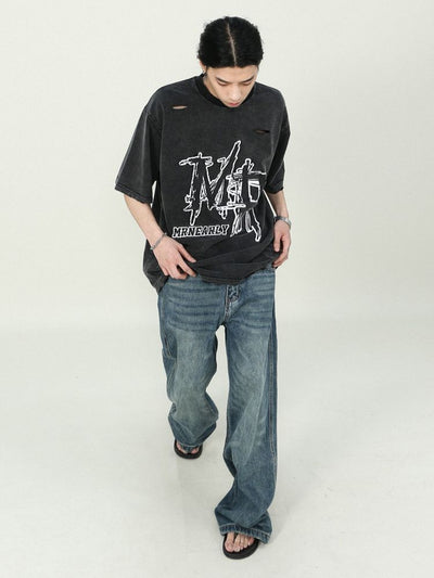 【MR nearly】Vintage perforated logo embroidered T-shirt MR0023