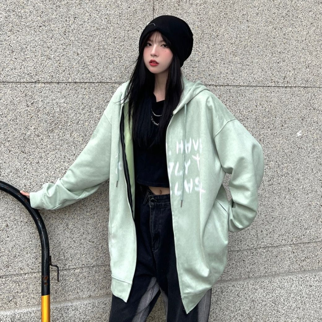Fuzzy print full zip hoodie HL2845