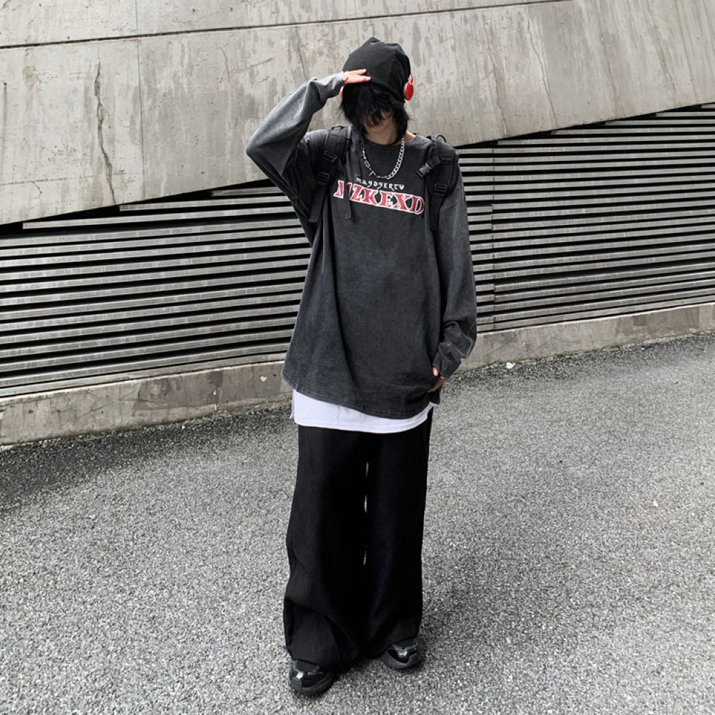 Letter print washed long-sleeved T-shirt HL2862