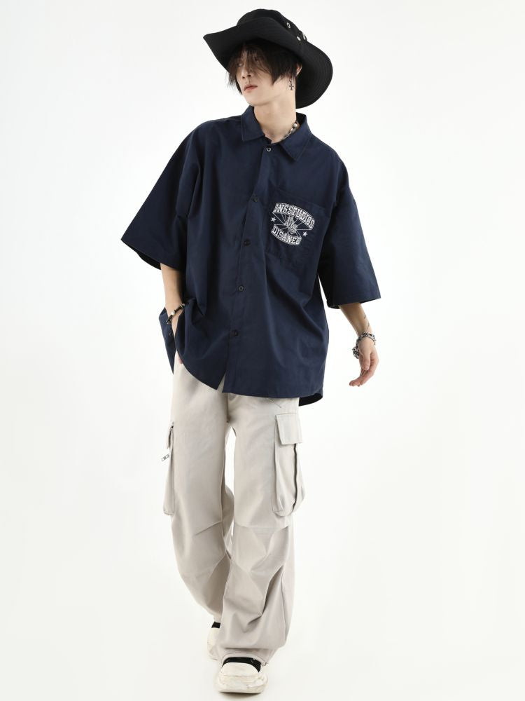 【INS】Embroidered logo patch pocket short-sleeved shirt  IN0011