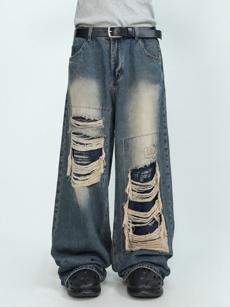 [MR nearly] Ripped design wide leg straight distressed jeans MR0031