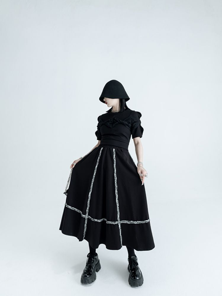 [CHICSKY] Classic black stitch A-line skirt CH0008