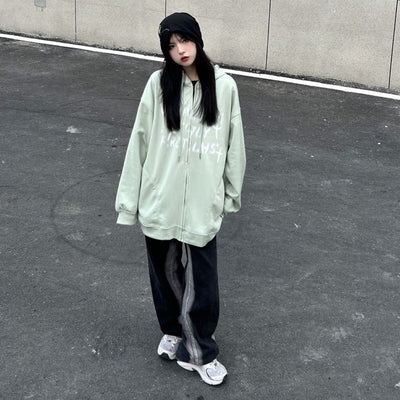 Fuzzy print full zip hoodie HL2845