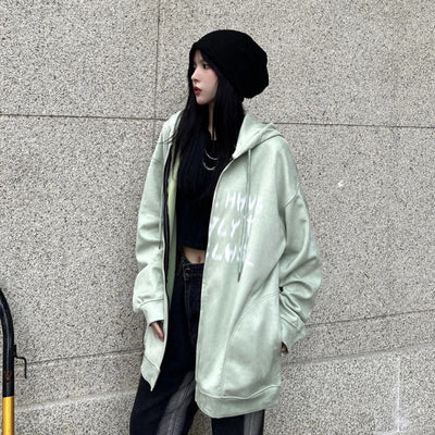 Fuzzy print full zip hoodie HL2845