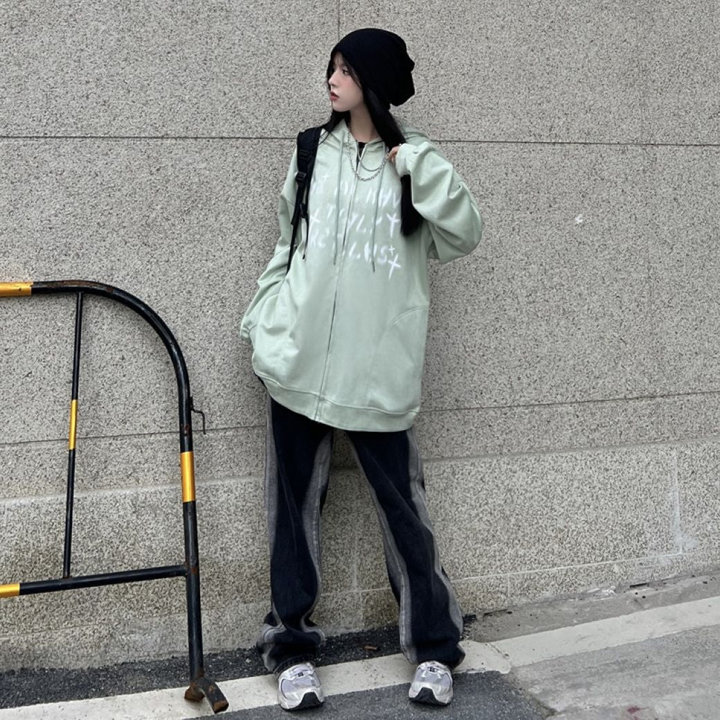 Fuzzy print full zip hoodie HL2845