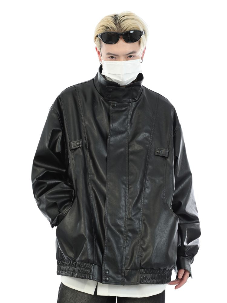 【MAXDSTR】PU leather stand collar jacket  MD0034