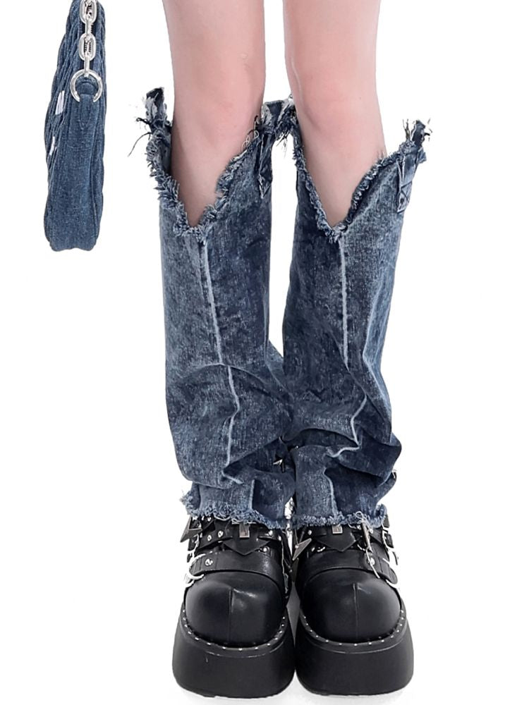 【YUBABY】Denim style loose fit long leather boots  YU0003