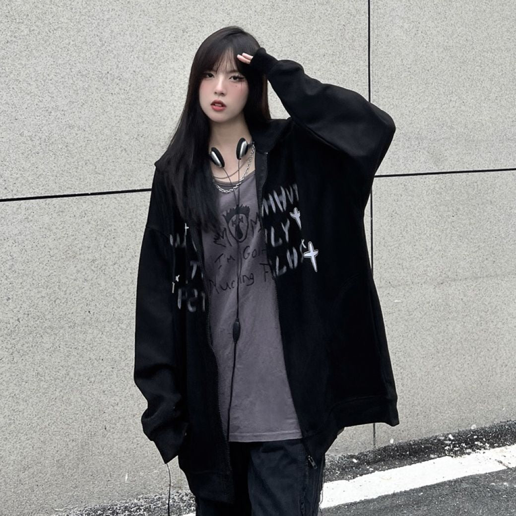 Fuzzy print full zip hoodie HL2845