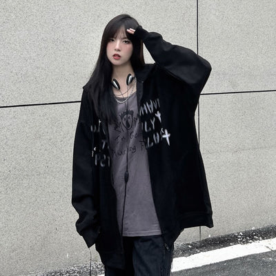 Fuzzy print full zip hoodie HL2845