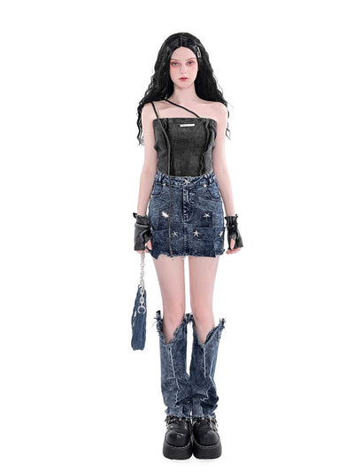 【YUBABY】Denim style loose fit long leather boots  YU0003