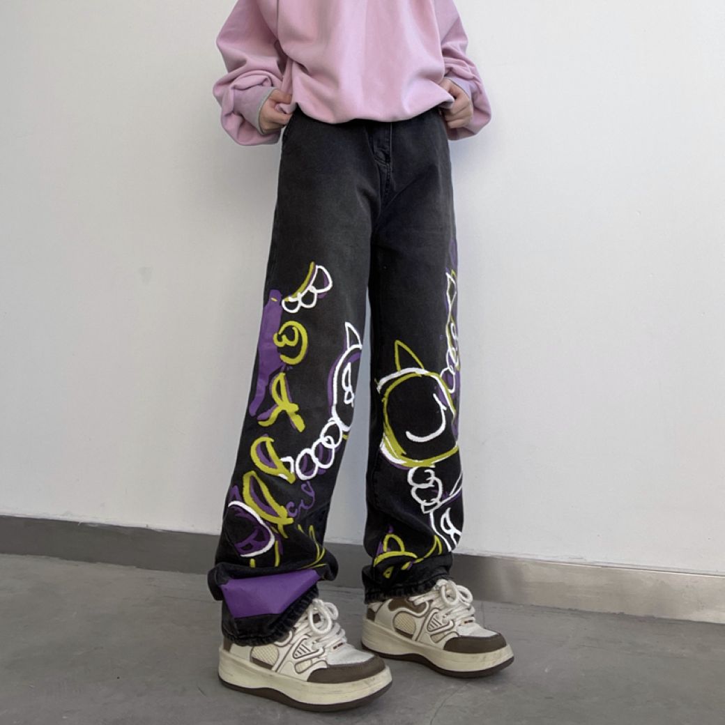 Graffiti print design wide leg jeans  HL2849