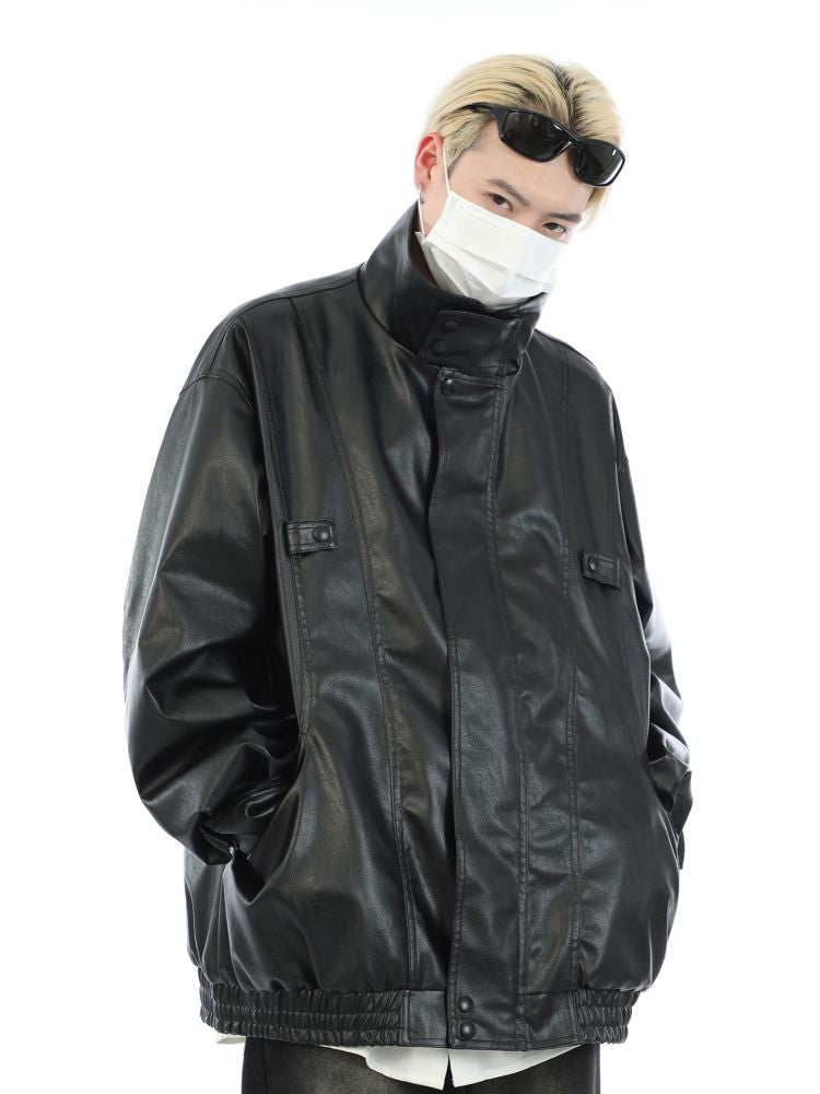 【MAXDSTR】PU leather stand collar jacket  MD0034