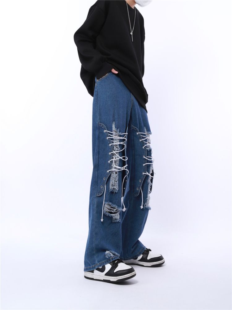 Strap design distressed wide denim pants HL2848