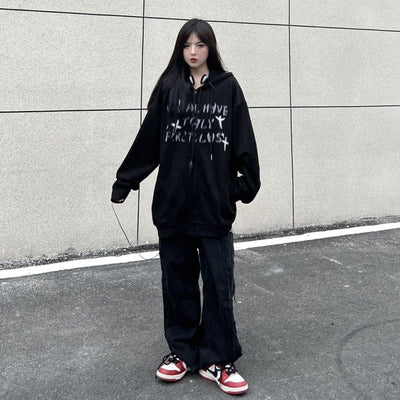 Fuzzy print full zip hoodie HL2845