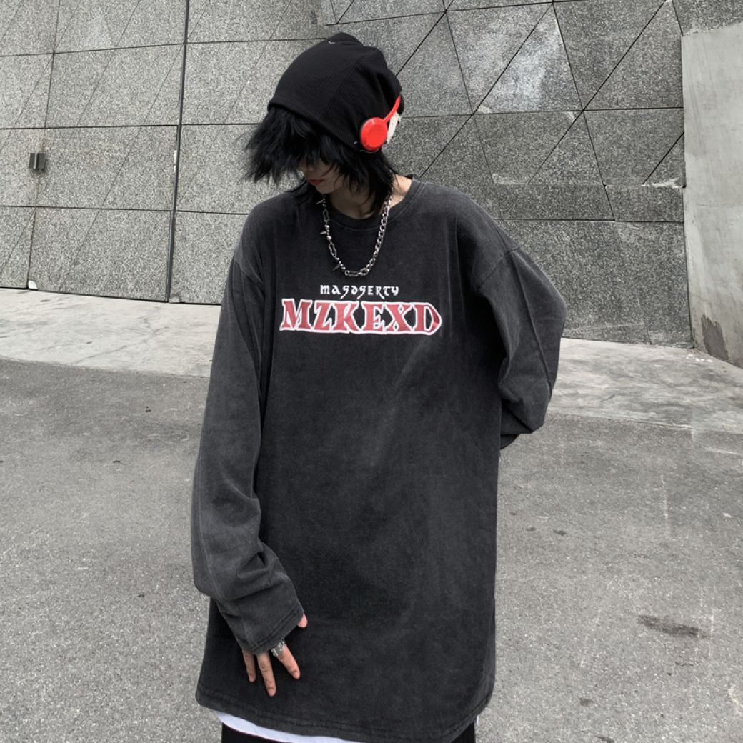 Letter print washed long-sleeved T-shirt HL2862