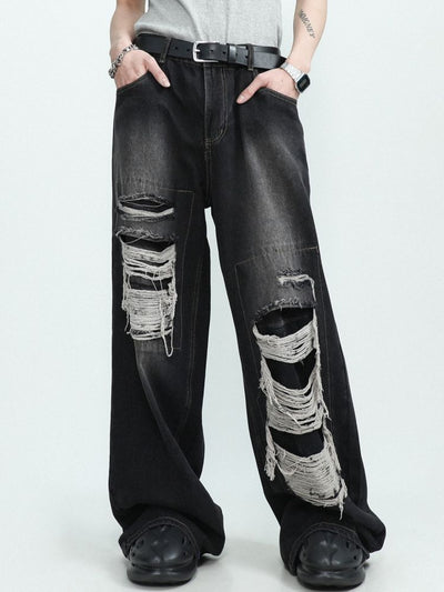 [MR nearly] Ripped design wide leg straight distressed jeans MR0031