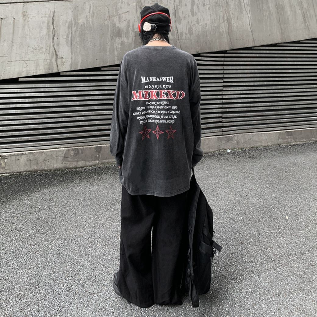 Letter print washed long-sleeved T-shirt HL2862