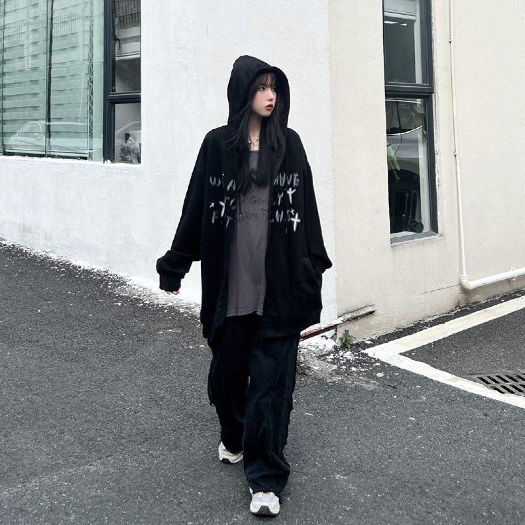 Fuzzy print full zip hoodie HL2845